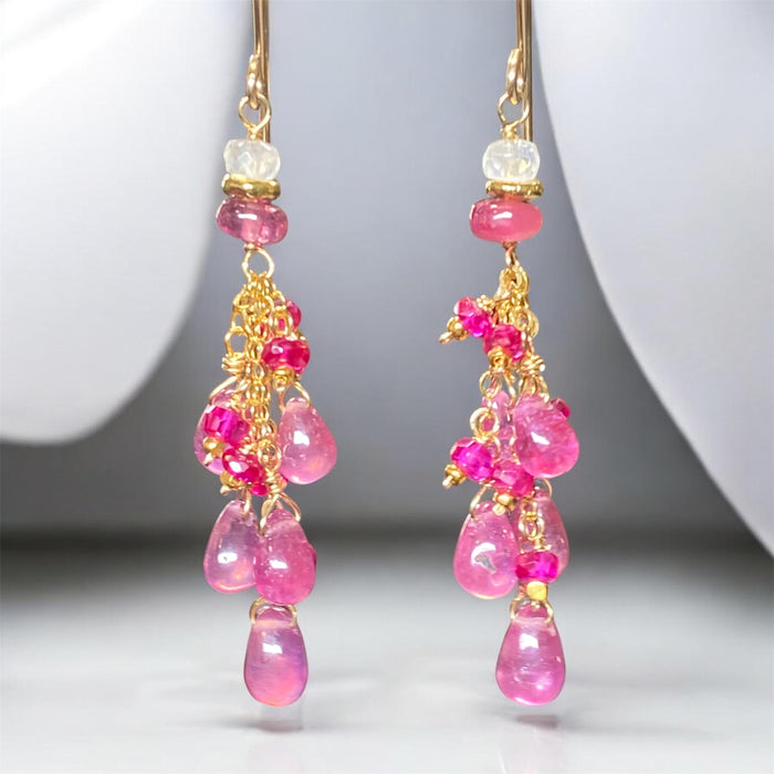 Pink Sapphire and Ruby Tassel Earrings, Gold Fill - Doolittle