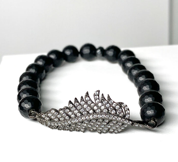 Black Onyx Stretch Bracelet with Pave CZ Feather