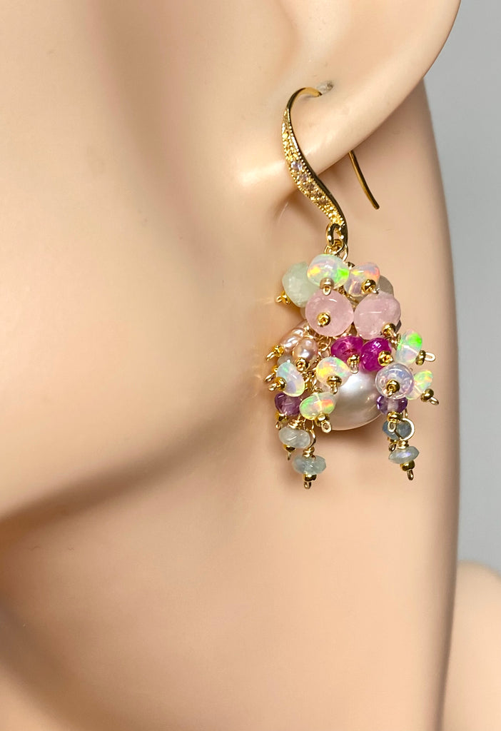 Pink Edison Pearl Opal Tourmaline Cluster Wedding Earrings Gold Fill - Bridal Jewelry - Doolittle