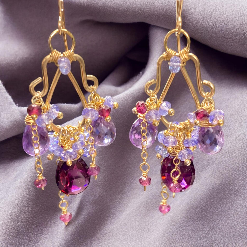 Amethyst Tanzanite Chandelier Earrings Gold Fill - Rhodolite Garnet Gemstone Cluster - Doolittle