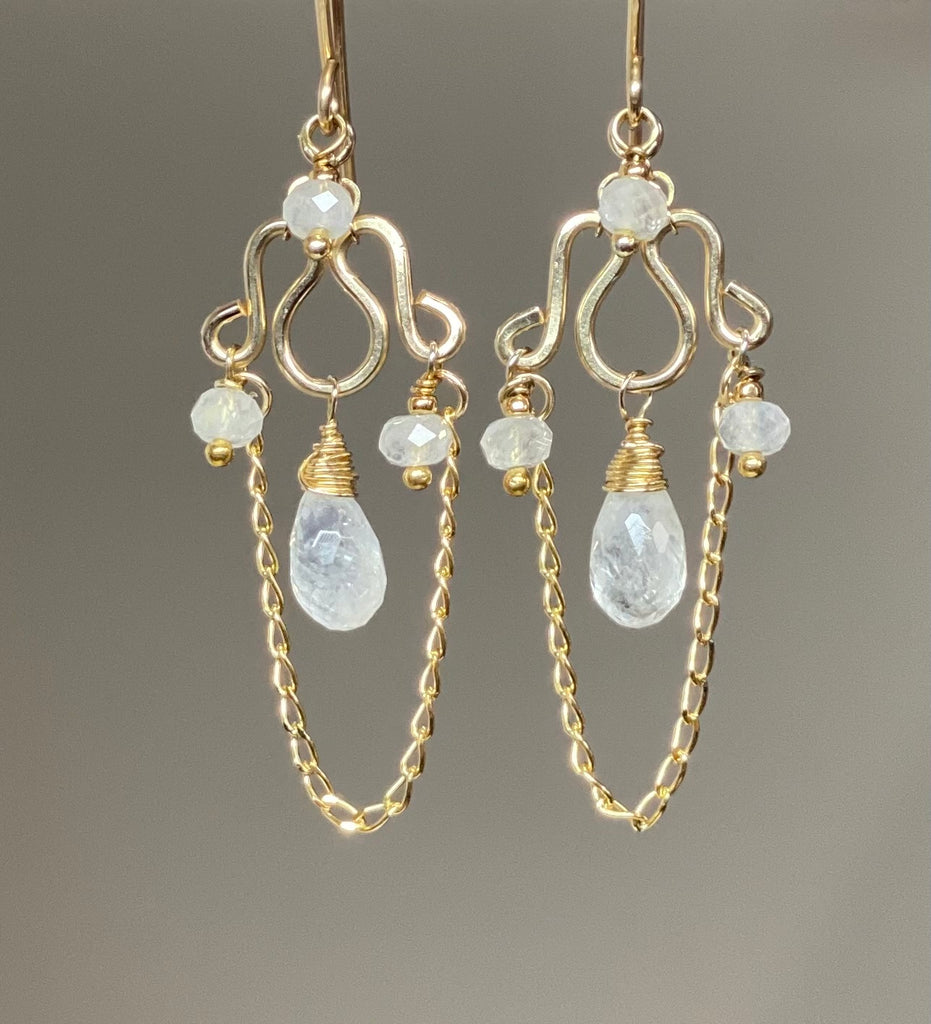 Rainbow Moonstone Petite Chandelier Earrings Gold Fill