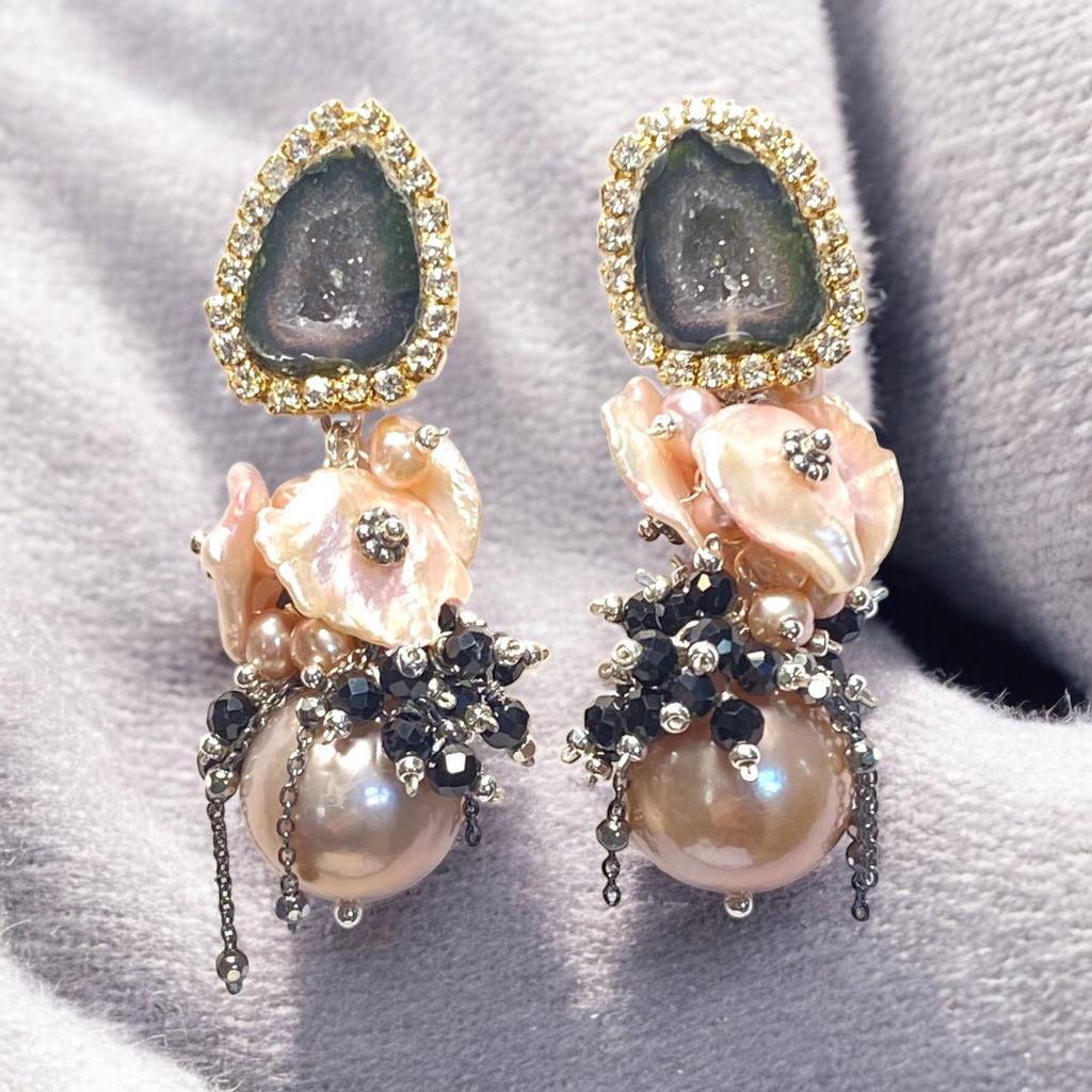 Pink Edison Pearl Cluster Earrings with Keishi and Black Geodes