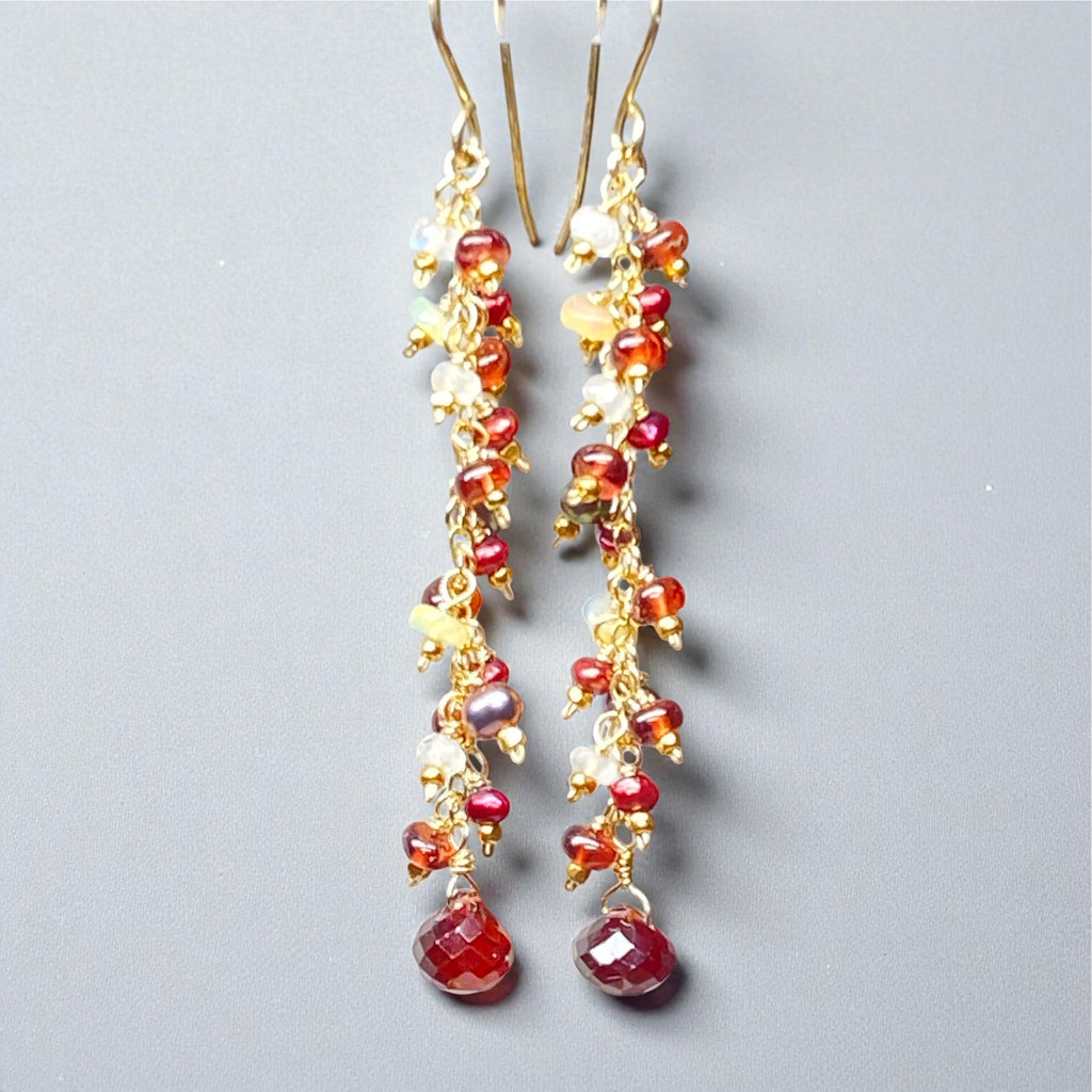 Red Garnet Cranberry Pearl and Opal Long Dangle Earring, Gold