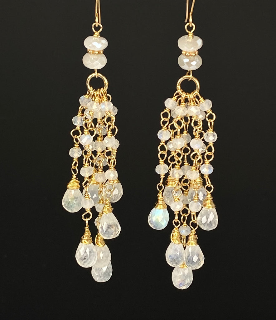 Rainbow Moonstone Tassel Earrings Gold
