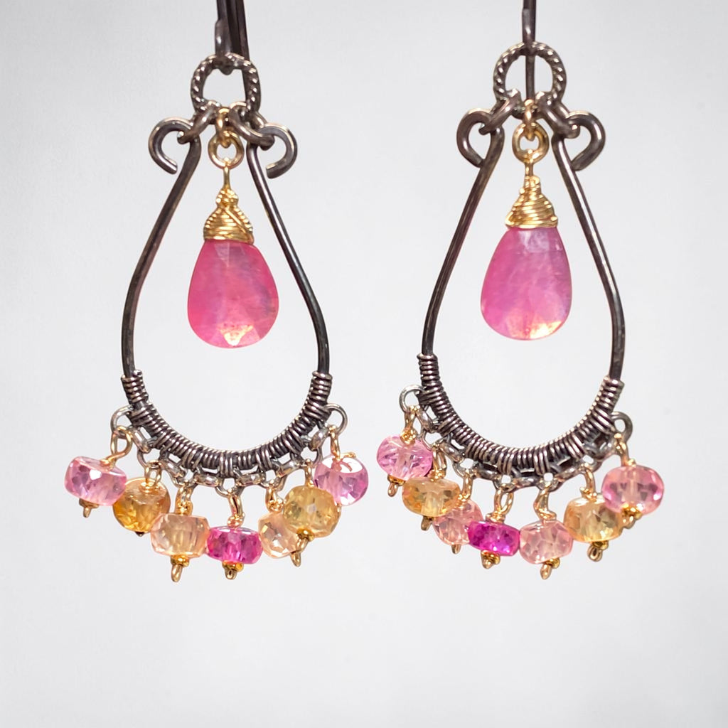 Padparadscha Pink Sapphire Chandelier Hoop Earrings — Fuchsia, Blush & Peach, Mixed Metals