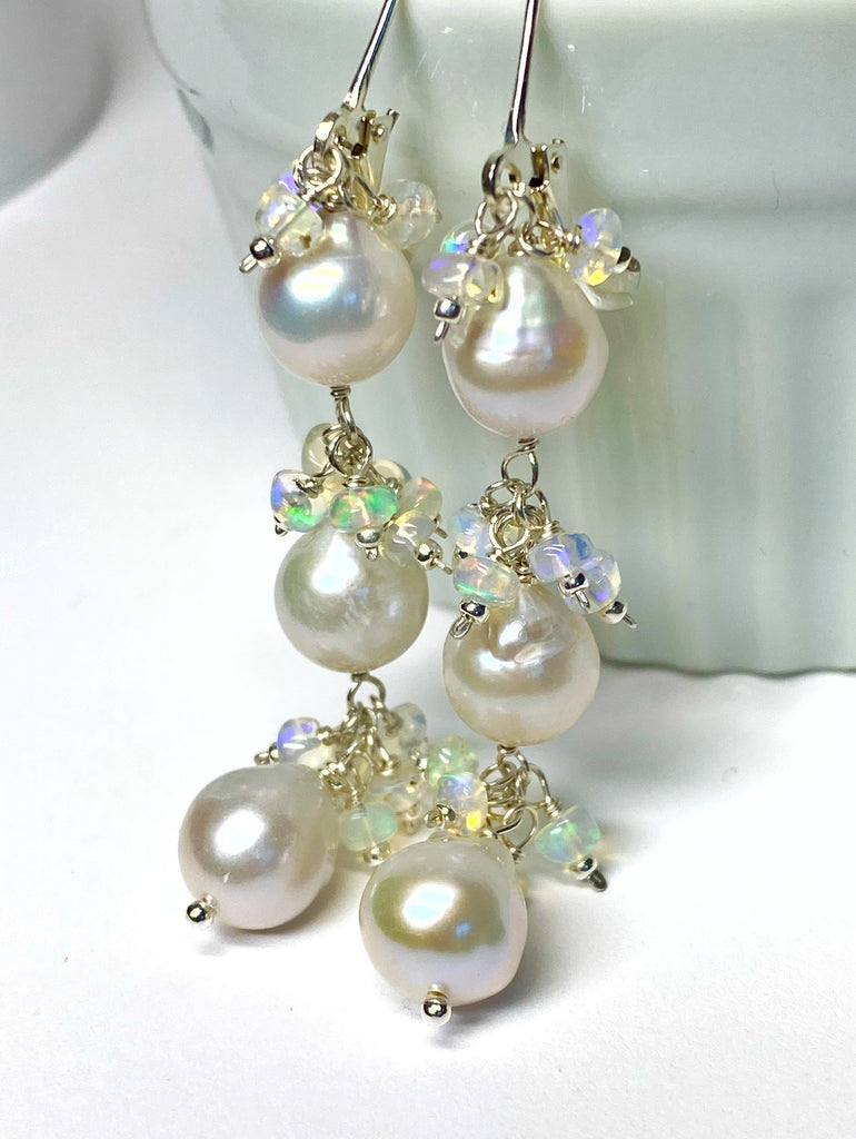 Pearl and Ethiopian Opal Long Dangle Earrings Sterling Silver