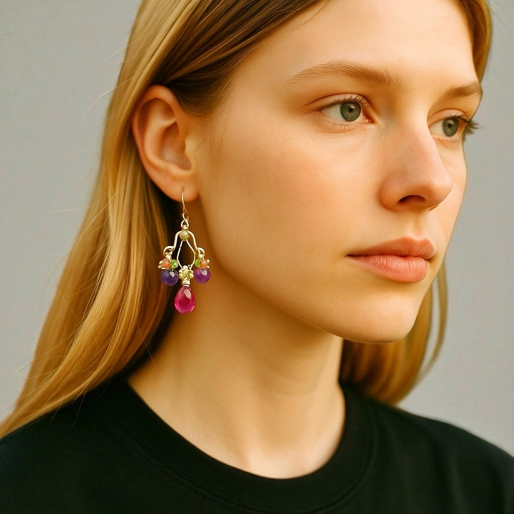 Amethyst, Rhodolite Mixed Metal Chandelier Earrings - Purple, Violet, Green
