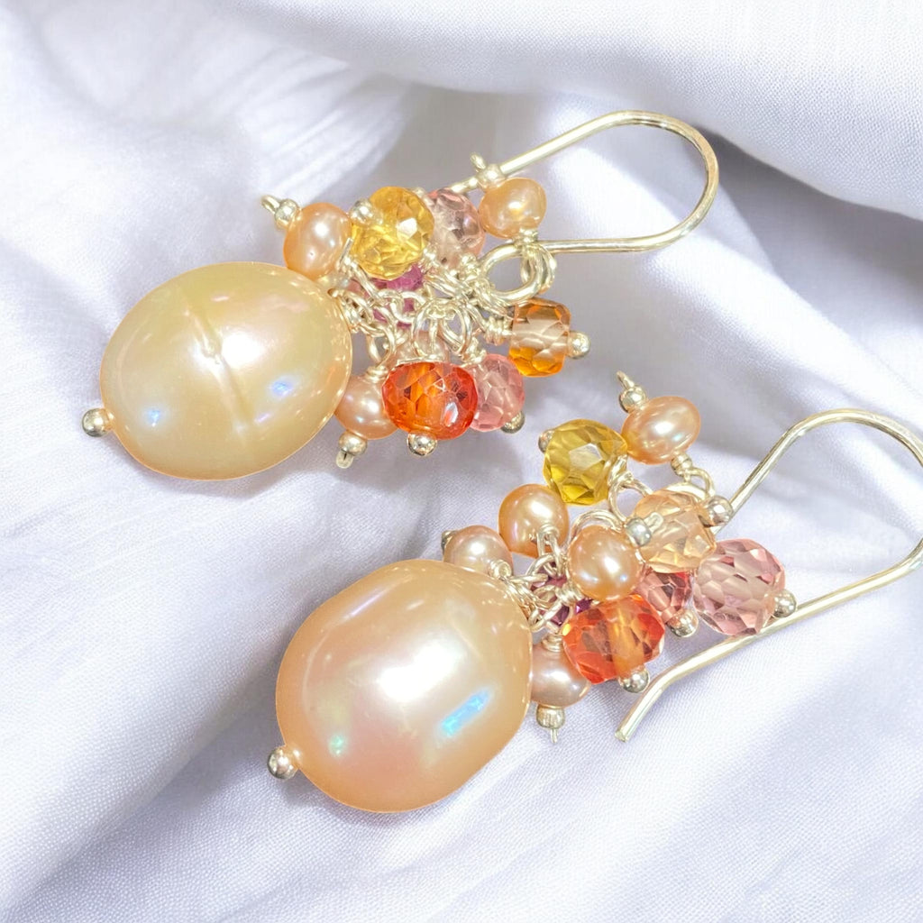 Blush Pink Pearl Cluster Earrings with Padparadscha Sapphires, Sterling Silver