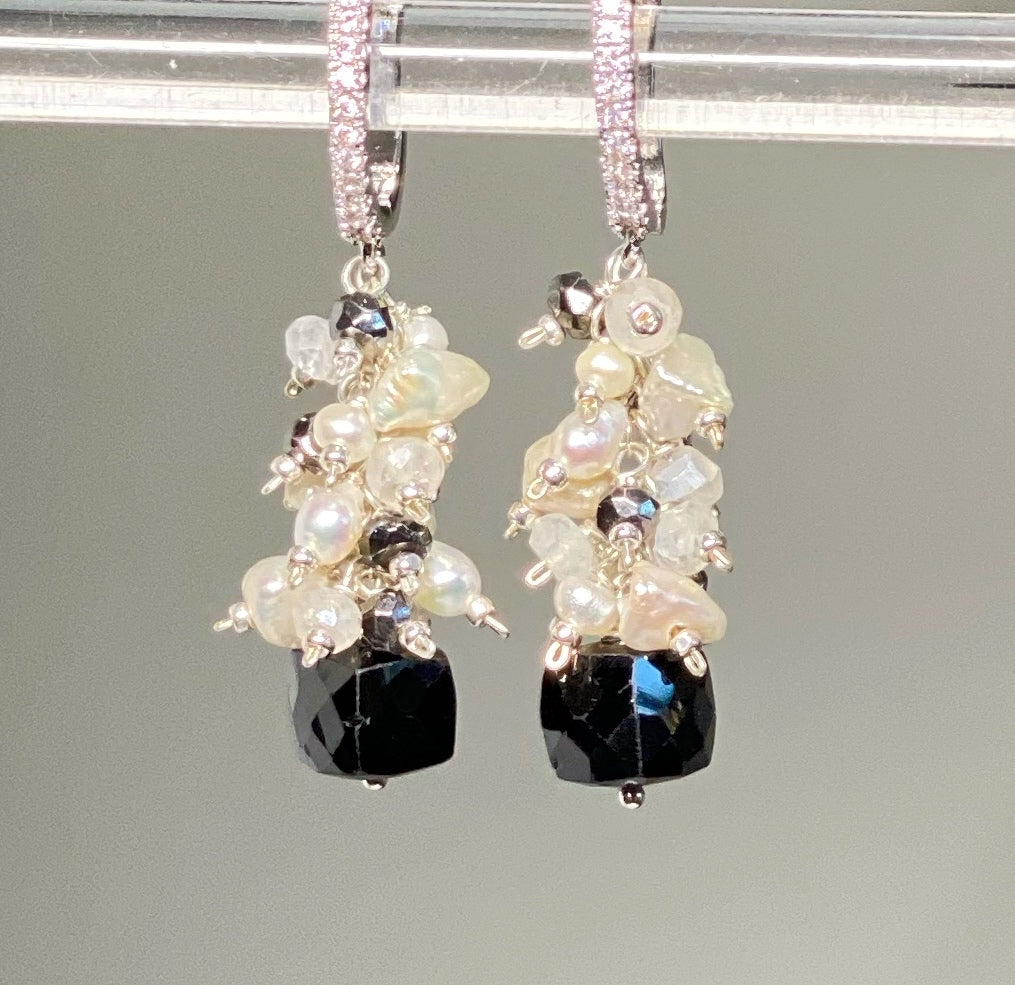 Black Spinel, Pearl and Moonstone Cluster Earrings