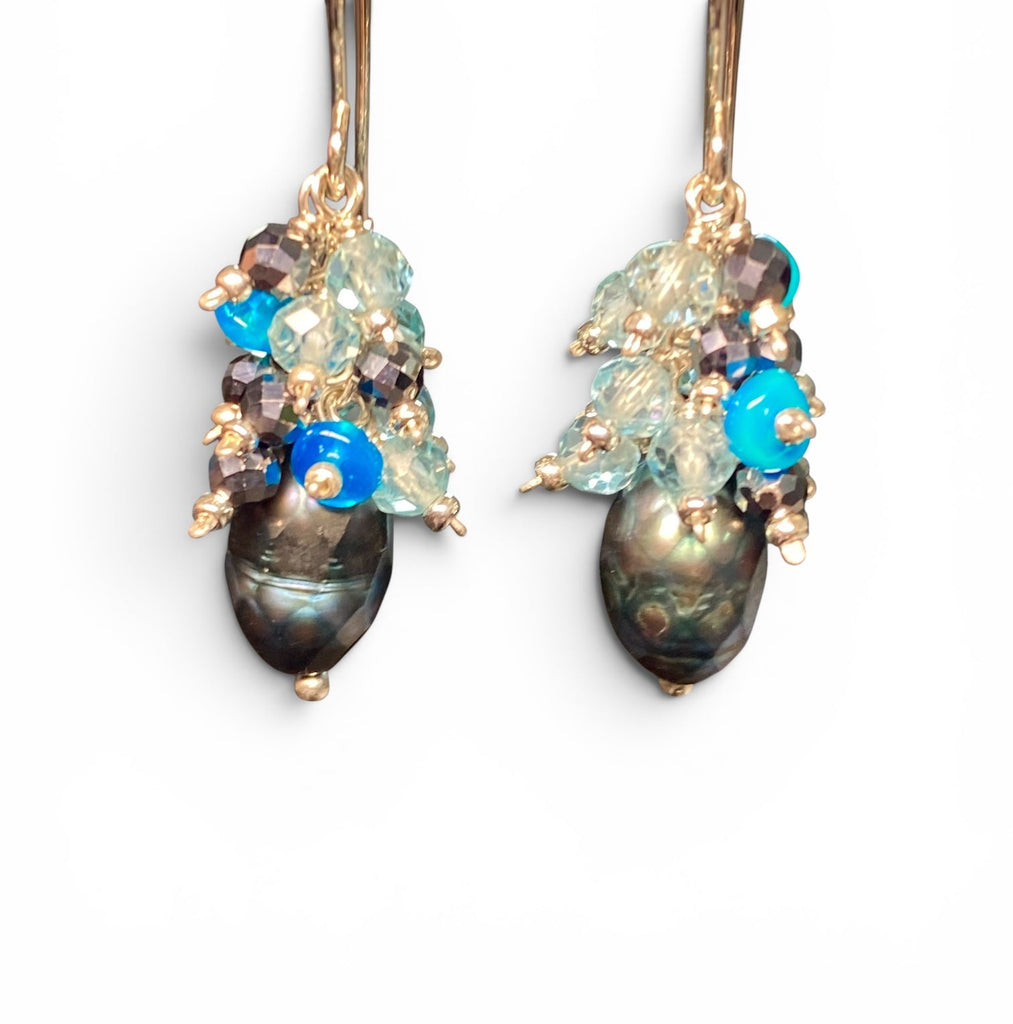 Petite Peacock Pearl Cluster Earrings — Teal Blue Opal, Aqua Apatite, Mystic Black Terahertz