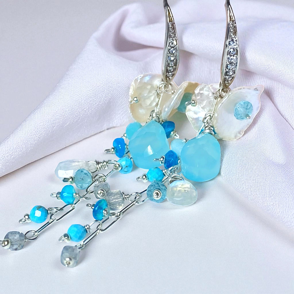 Aqua Chalcedony, White Keishi Pearl, Sterling Silver Long Dangle Earrings