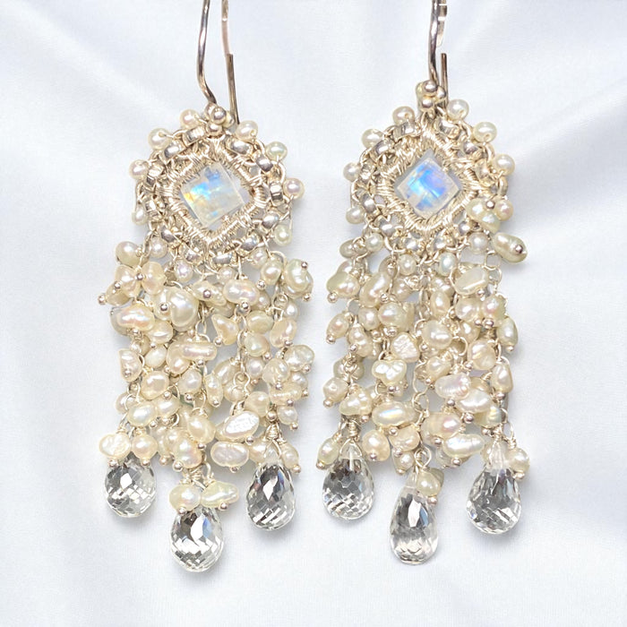 Moonstone and Pearl Chandelier Statement Bridal Wedding Earrings