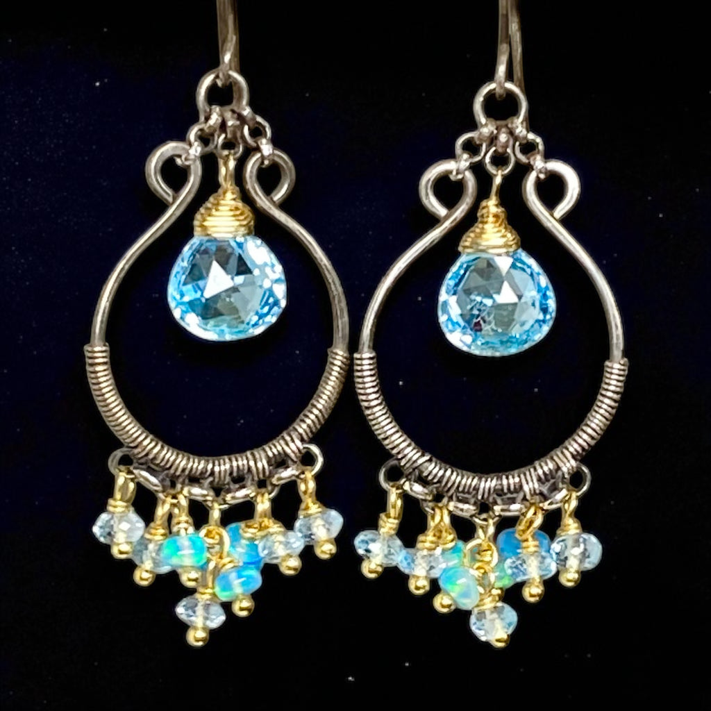 Blue Topaz, Opal, Chandelier Hoop Earrings Oxidized Silver Mixed Metal