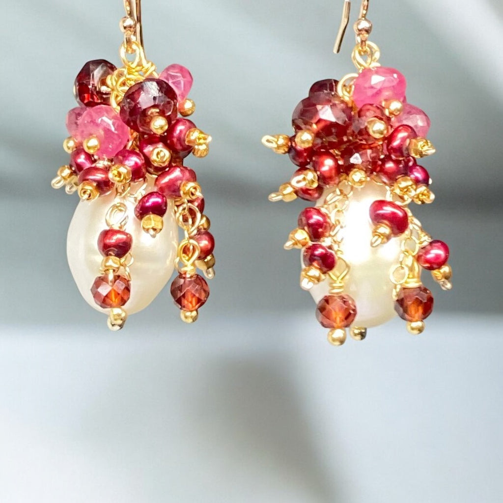 Red, White, Sapphire, Opal and Pearl Earring