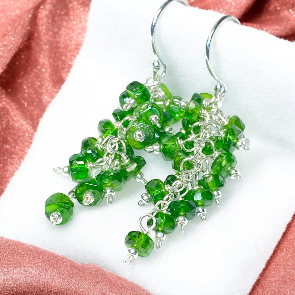 Green Chrome Diopside Gemstone Dangle Cluster Earrings Sterling Silver