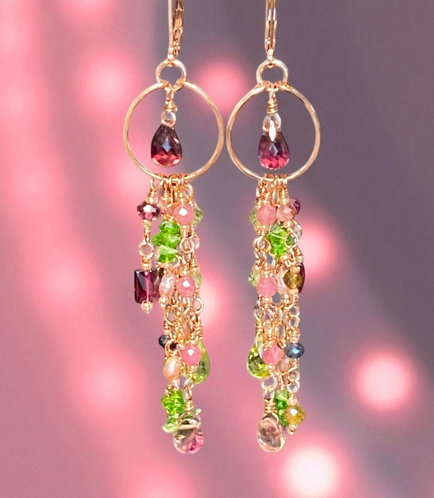 Rubellite Tourmaline Multicolor Gemstone Long Boho Dangle Earrings Rose Gold