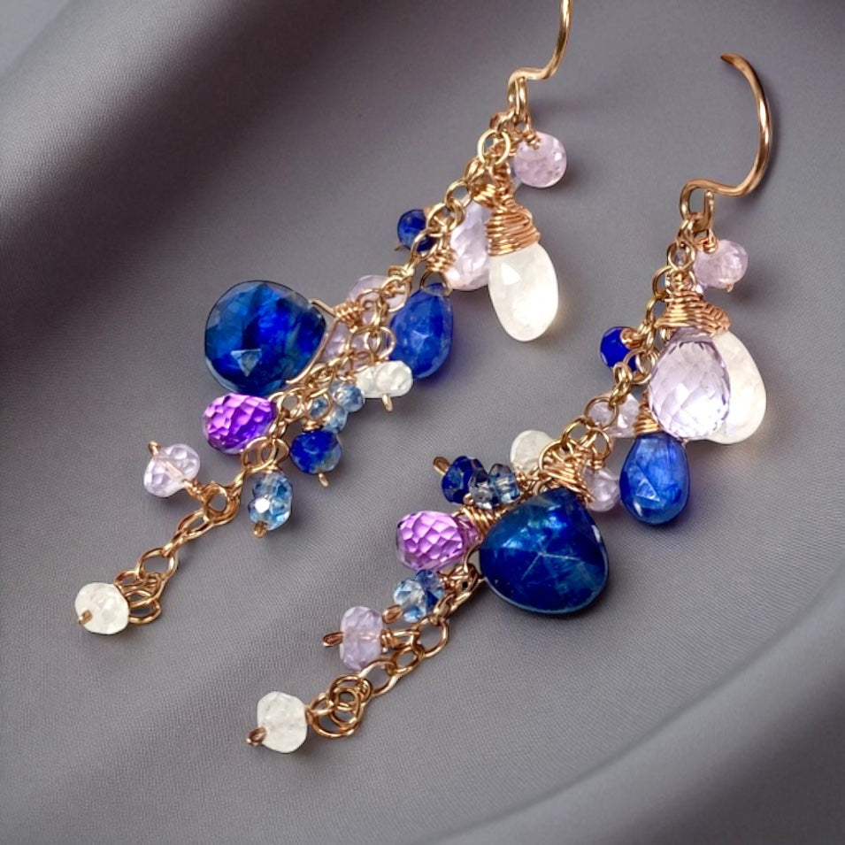Blue Purple Gemstone Rose Gold Dangle Earrings with Tanzanite