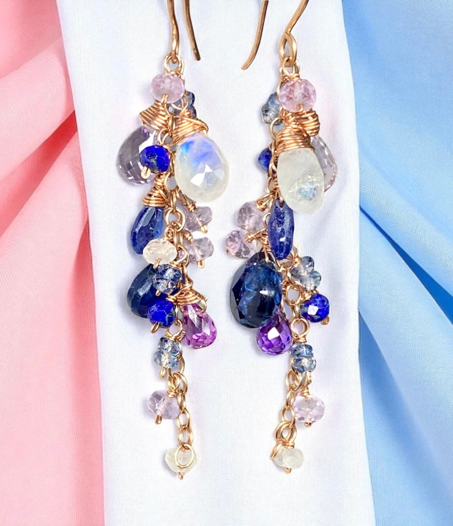 Blue Purple Gemstone Rose Gold Dangle Earrings with Tanzanite