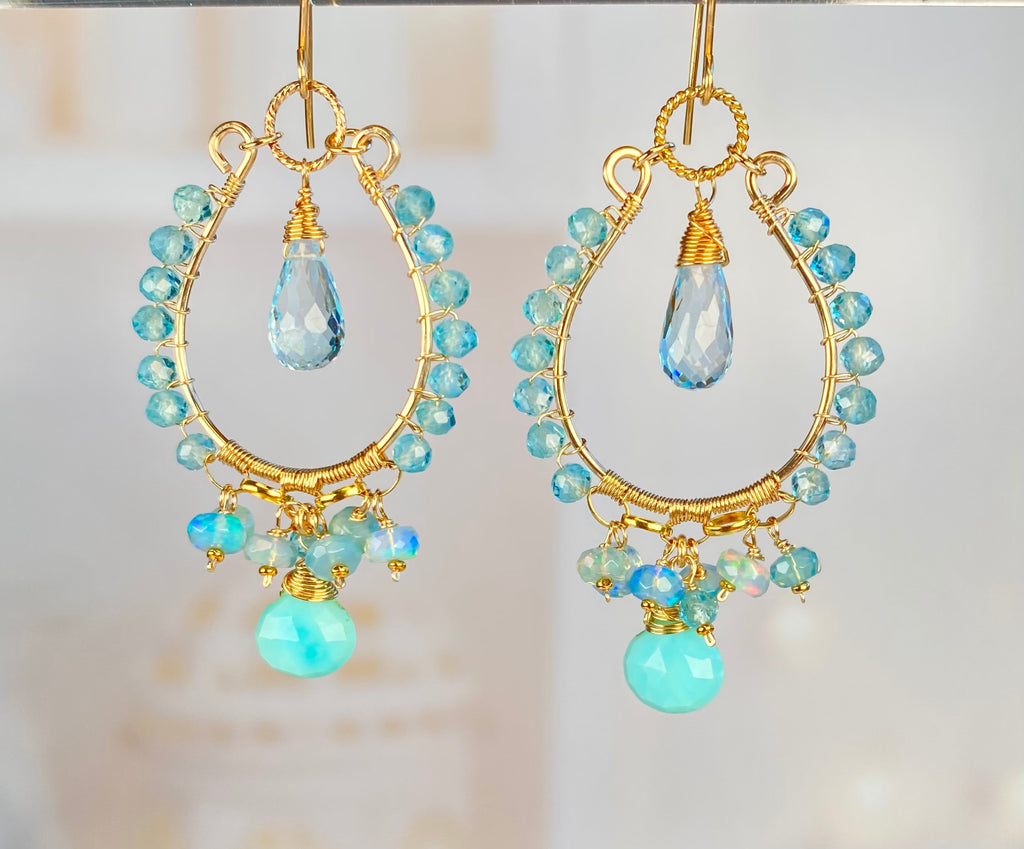 Blue Topaz and Opal Chandelier Hoop Earrings, Apatite, 14k Gold Fill