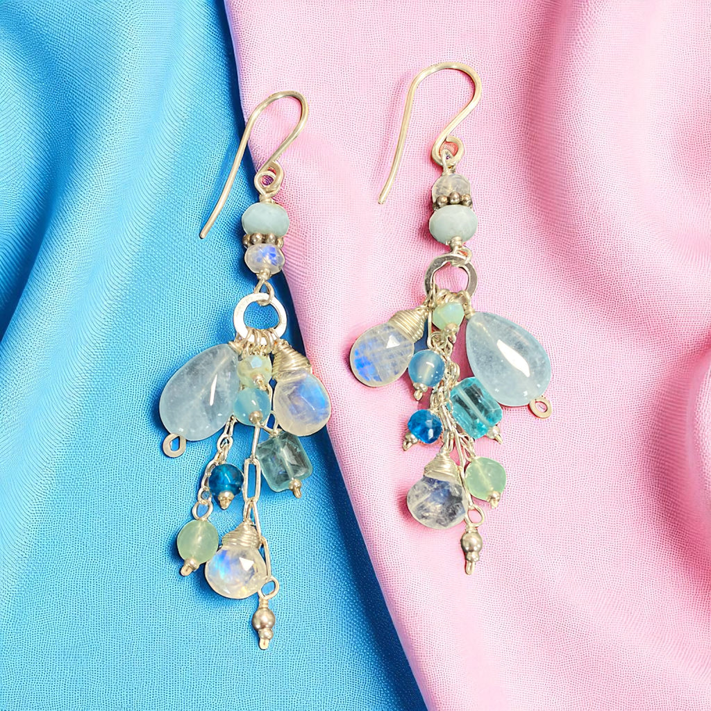 Aquamarine, Moonstone, Gemstone Long Sterling Silver Boho Dangle Earrings