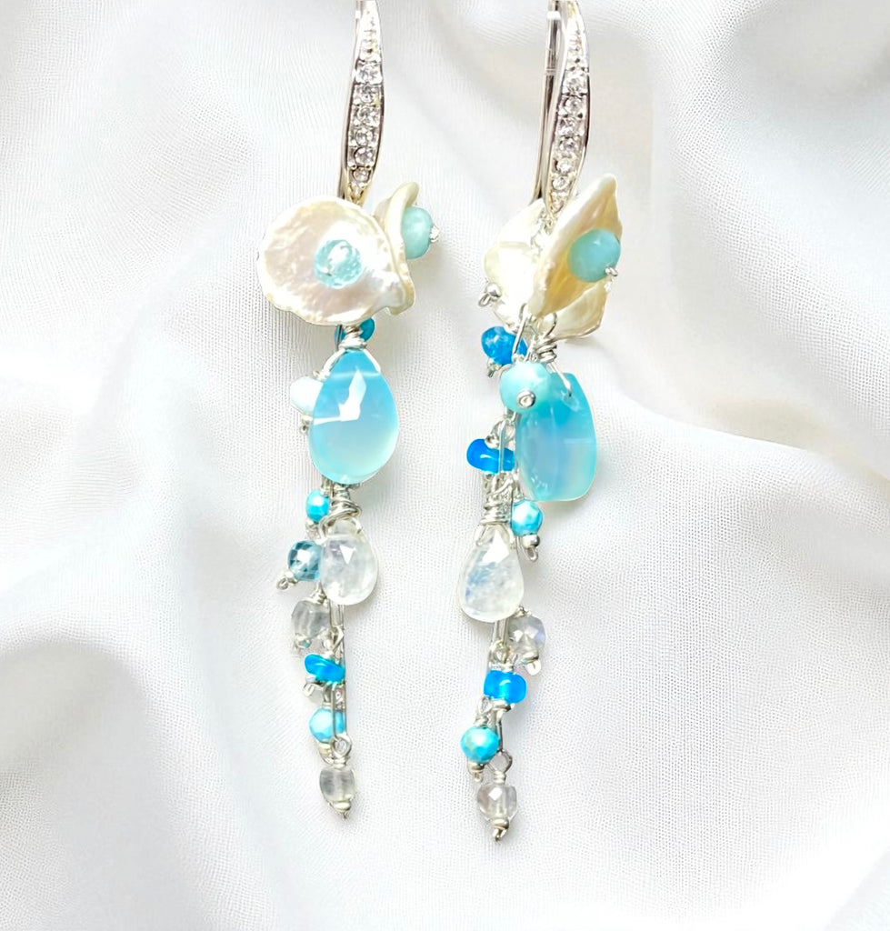 Aqua Chalcedony, White Keishi Pearl, Sterling Silver Long Dangle Earrings