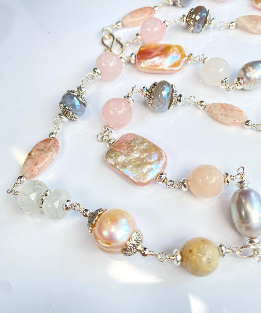 Blush Pink Baroque and Silver Pearl Long Sautoir Necklace — Rainbow and Grey Mystic Moonstone Rose Quartz