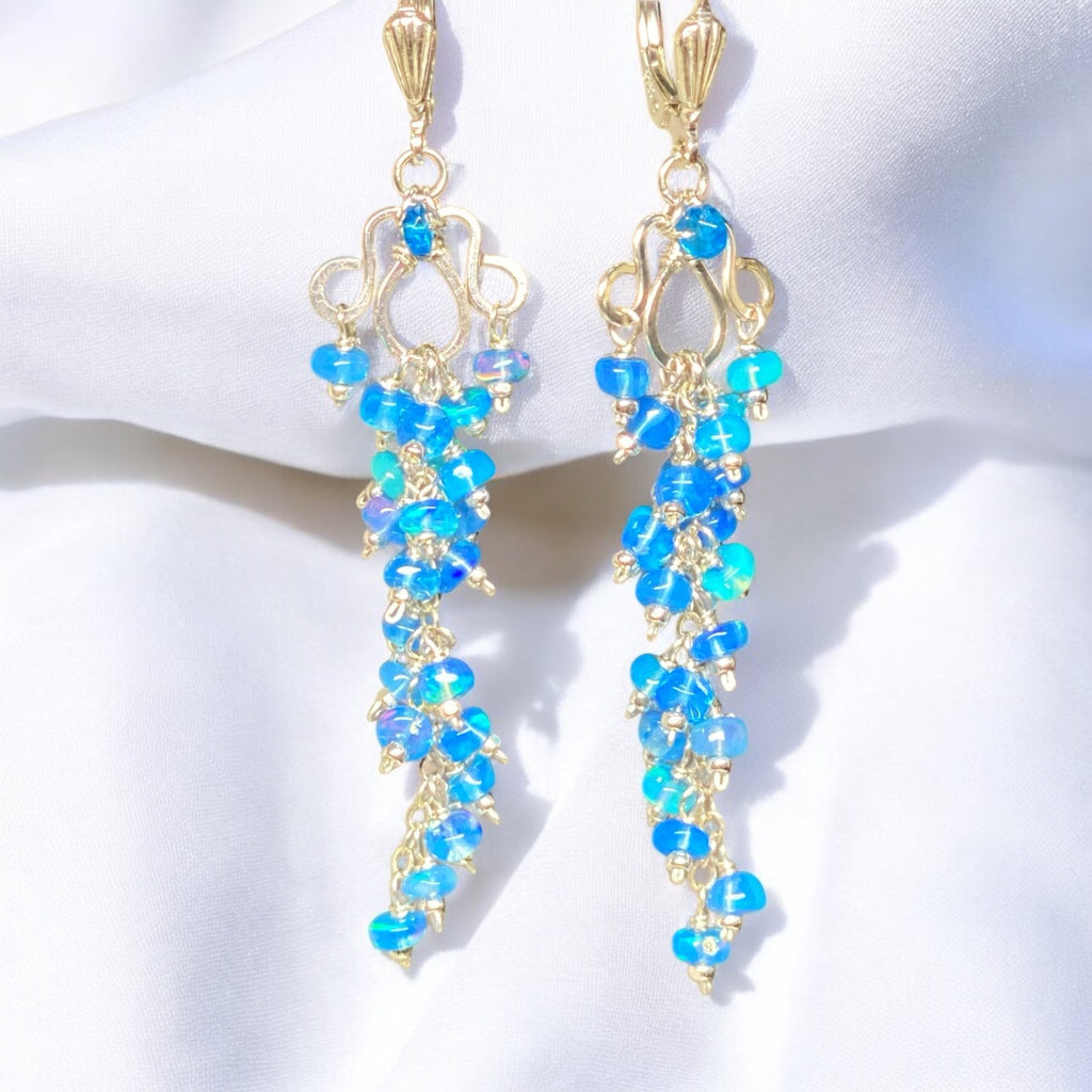 Teal Blue Ethiopian Opal Long Cluster Dangle Earrings Sterling Silver