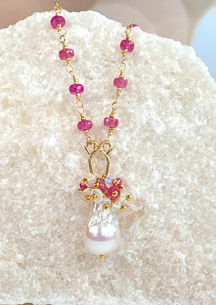 Pink Sapphire Gold Fill Wire Wrap Necklace Rosary Style Baroque Pearl Pendant