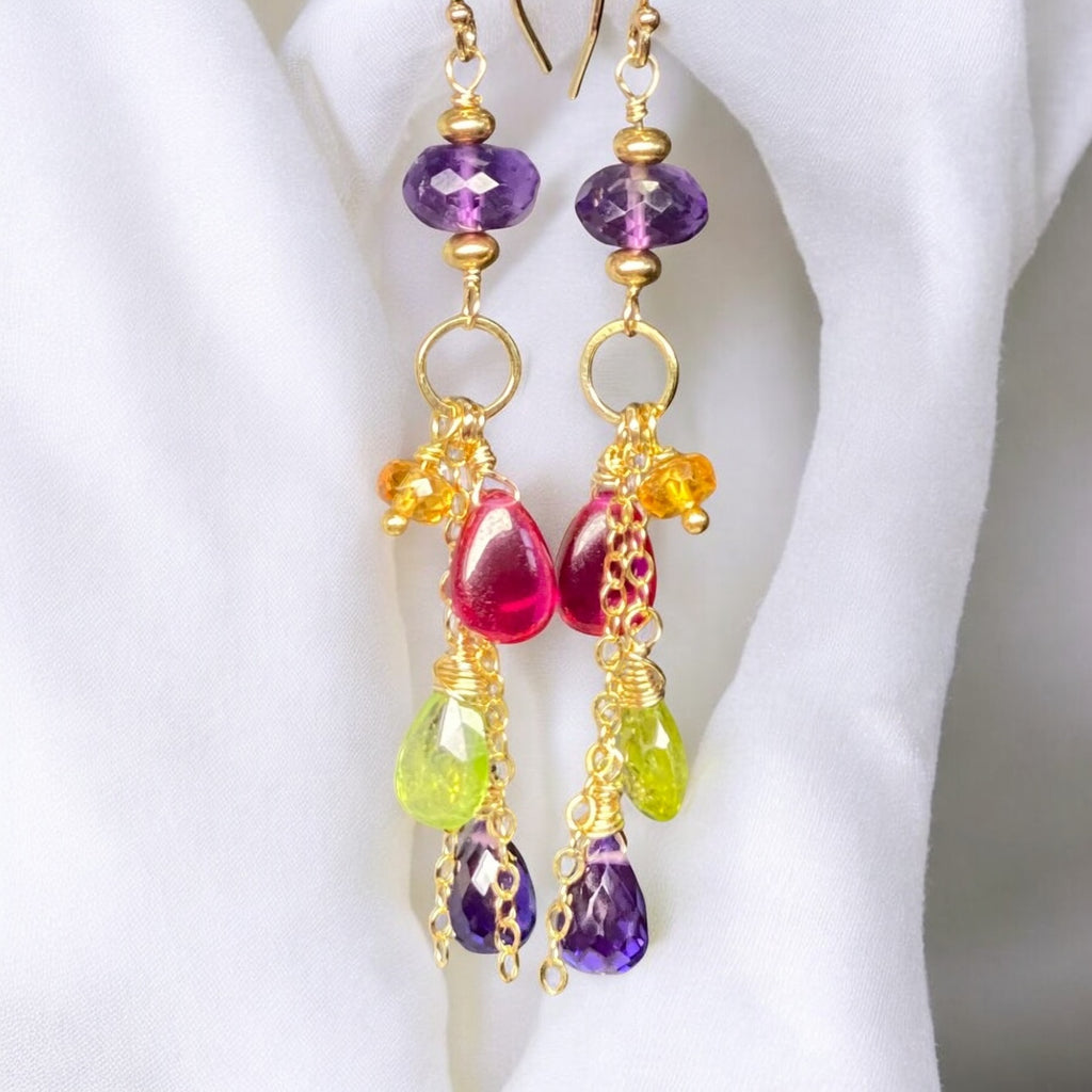 Gemstone Long Chain Dangle Earrings, Amethyst, Rubellite, Peridot, Gold Fill