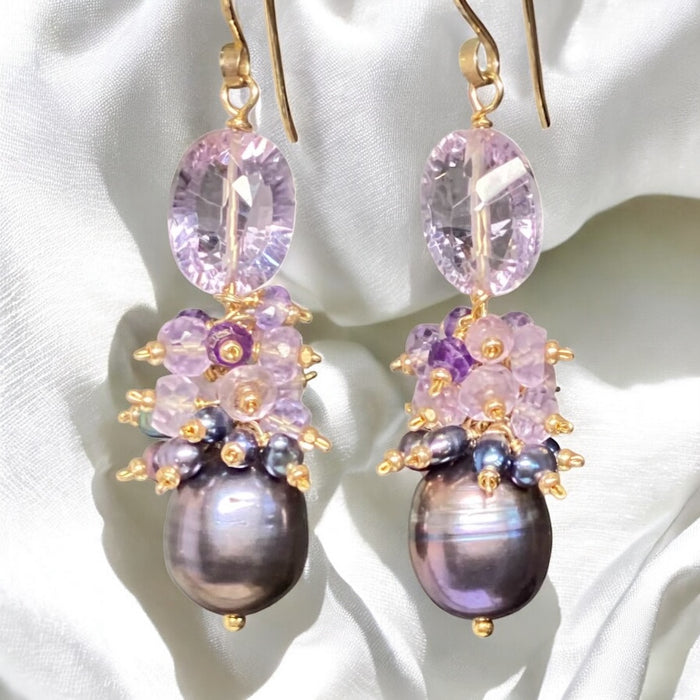 Amethyst Cluster Peacock Baroque Pearl Earrings Gold