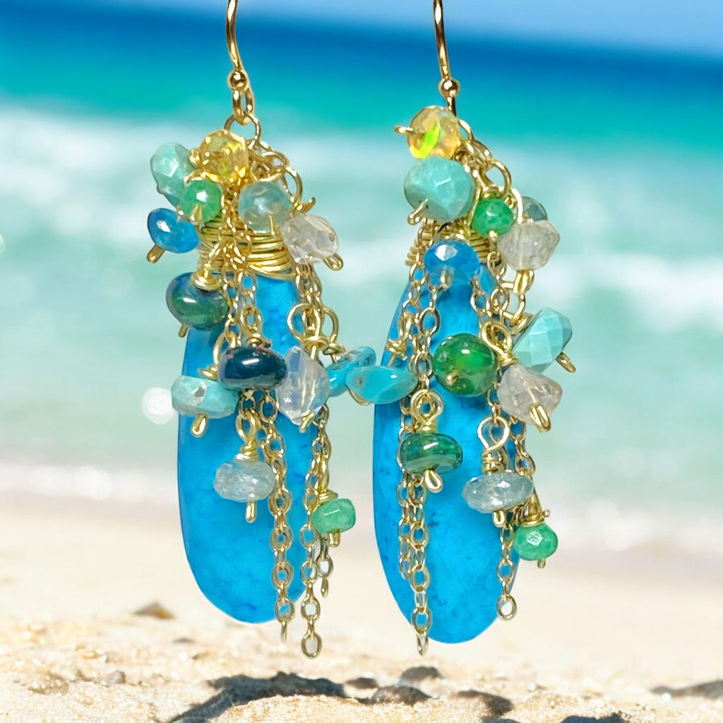 Turquoise & Ethiopian Opal Cluster Dangle Earrings Gold Fill
