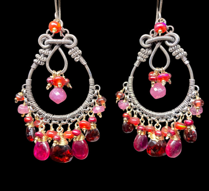 Red Garnet Mixed Metal Chandelier Hoop Earrings - Red Opals, Pink Sapphire Sterling Silver Gold Fill on a black background- Doolittle