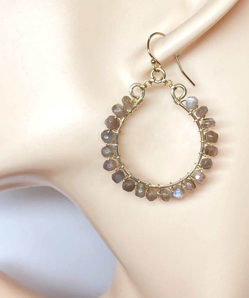 Chocolate Moonstone Hoop Earrings, Gold Fill, Sterling Silver