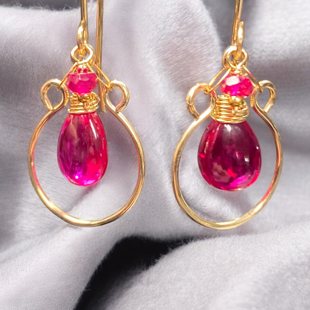 Rubellite Quartz and Ruby Gemstone Hoop Earrings Gold Fill - Doolittle
