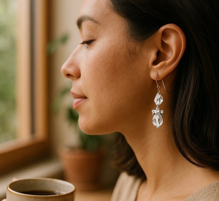Herkimer Diamond Crystal Quartz, Moonstone and Sterling Silver Dangle Earrings