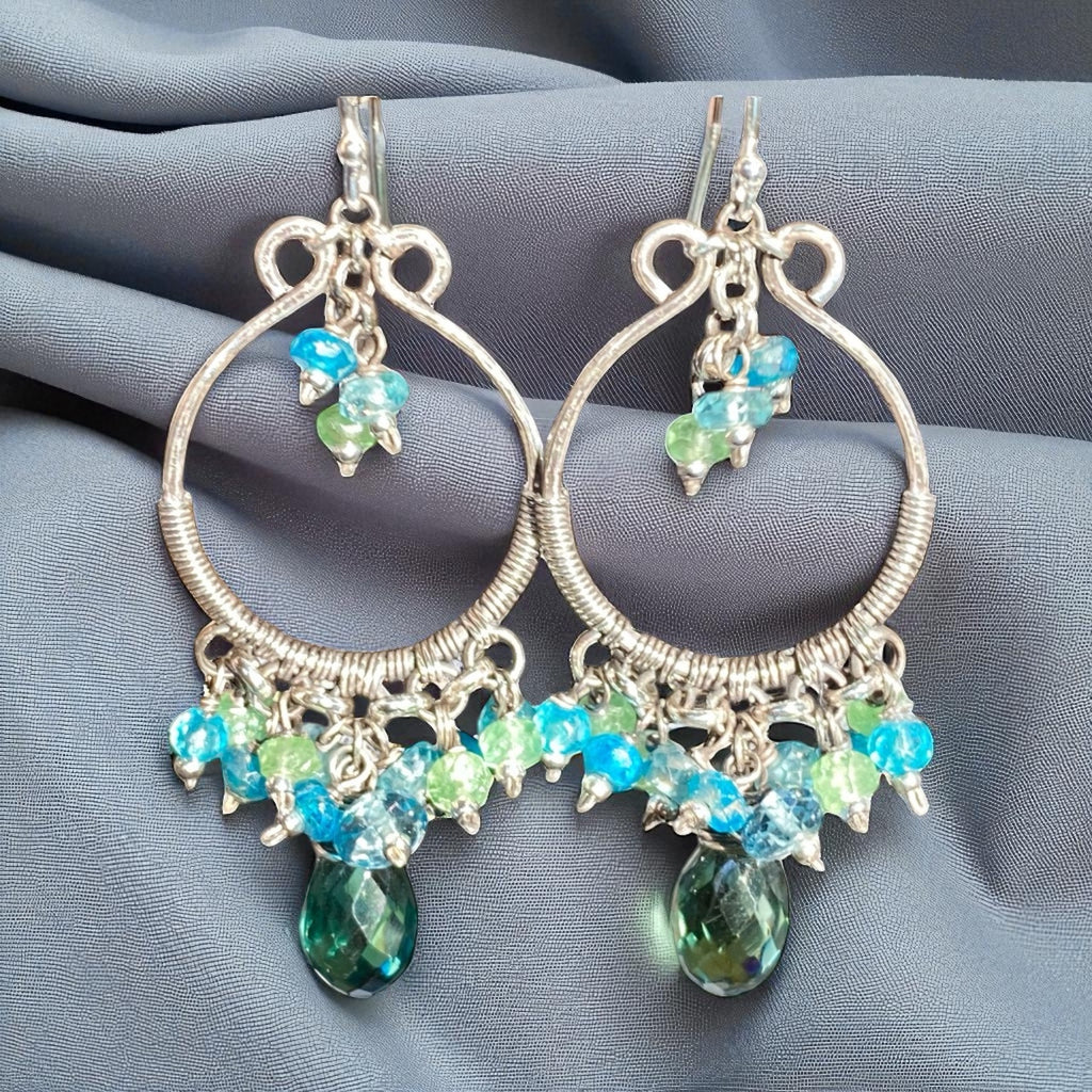 Oxidized Silver Hoop Chandelier Earrings, Aqua, Green Tsavorite, Blue Topaz 2