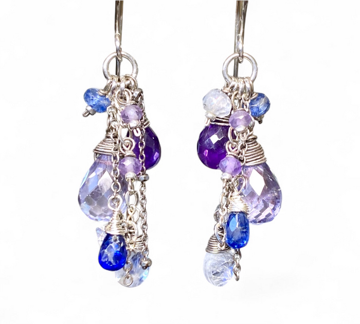 Blue Violet Boho Dangle Earrings Amethyst, Blue Denim Quartz, Oxidized Sterling Silver