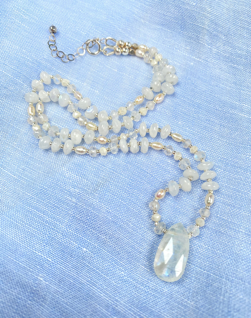 Moonstone, Pearl Pendant Necklace Sterling Silver