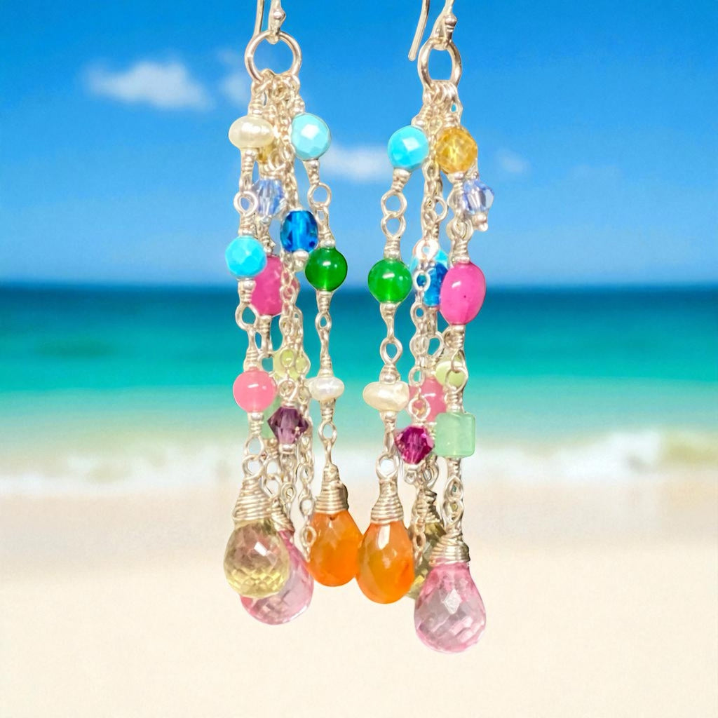 Multicolor Gemstone Dangle Earrings Sterling Silver - Pink, Orange, Yellow - Doolittle