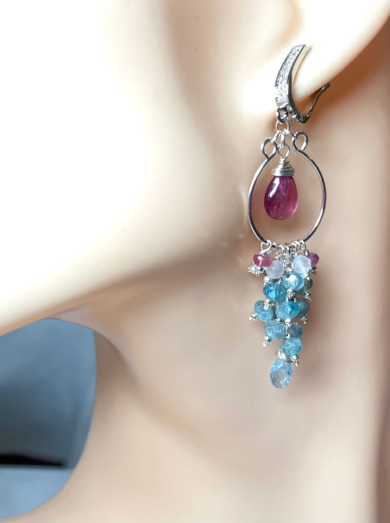 Blue Aquamarine, Natural Blue Zircon, Pink Sapphire Chandelier Hoop Earrings Sterling Silver - Doolittle