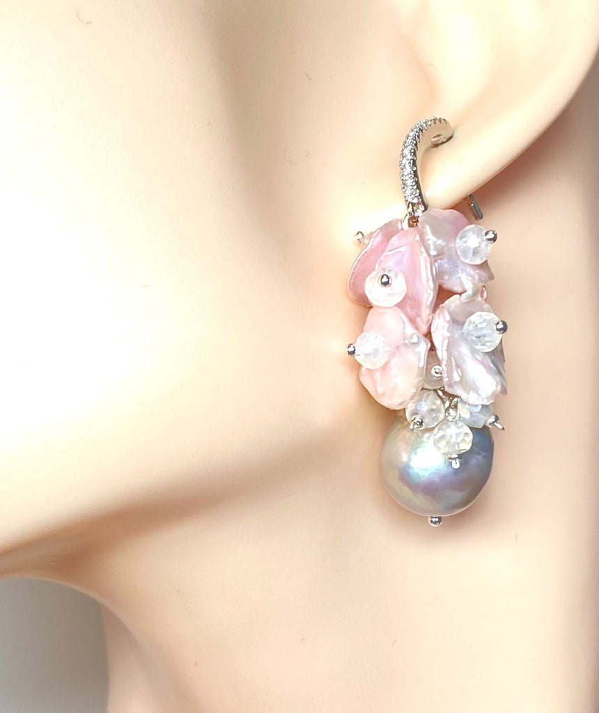 Blush Keishi Pearl Cluster Wedding Earrings Sterling Silver 2