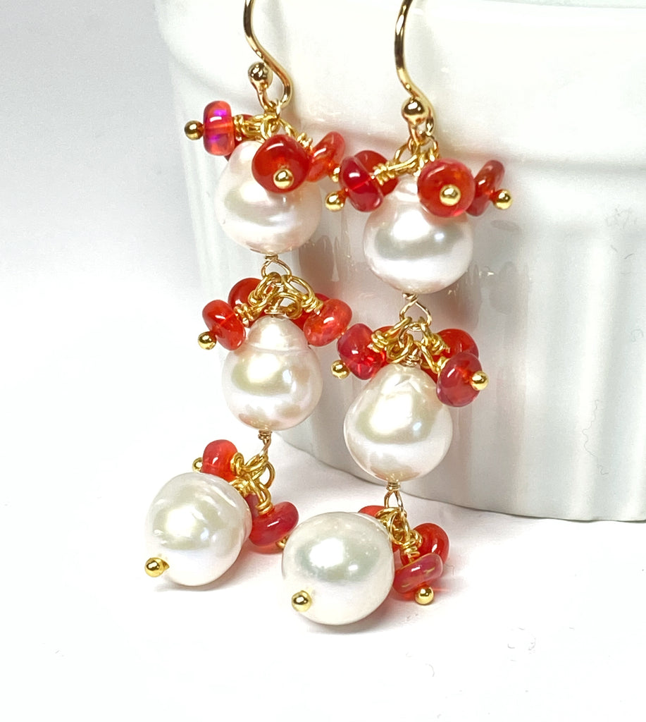 Pearl and Red Ethiopian Opal Long Dangle Earrings Gold