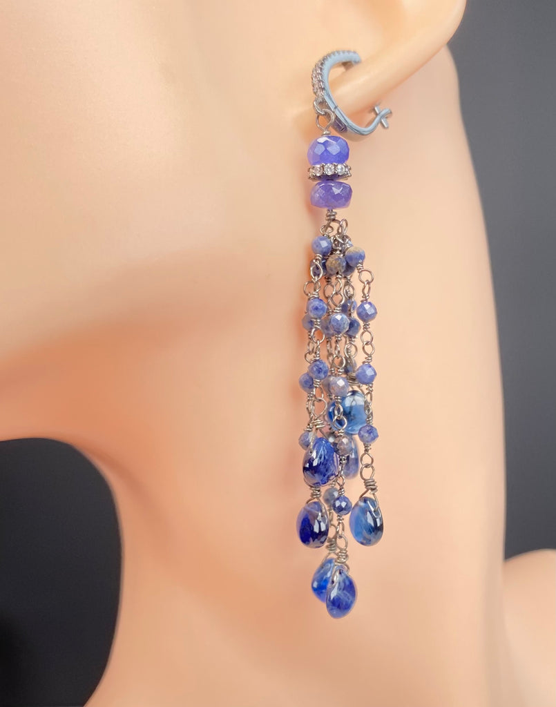 Blue Sapphire Kyanite Boho Tassel Earrings in Oxidized Sterling Silver
