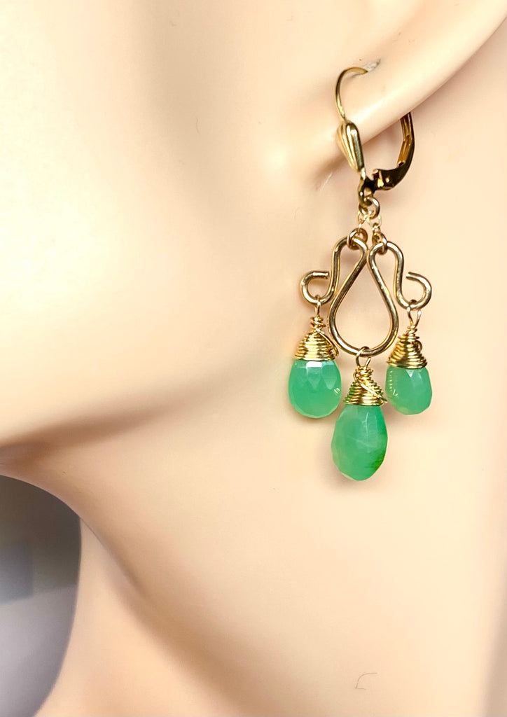 Green Chrysoprase Gemstone Chandelier Earrings Gold