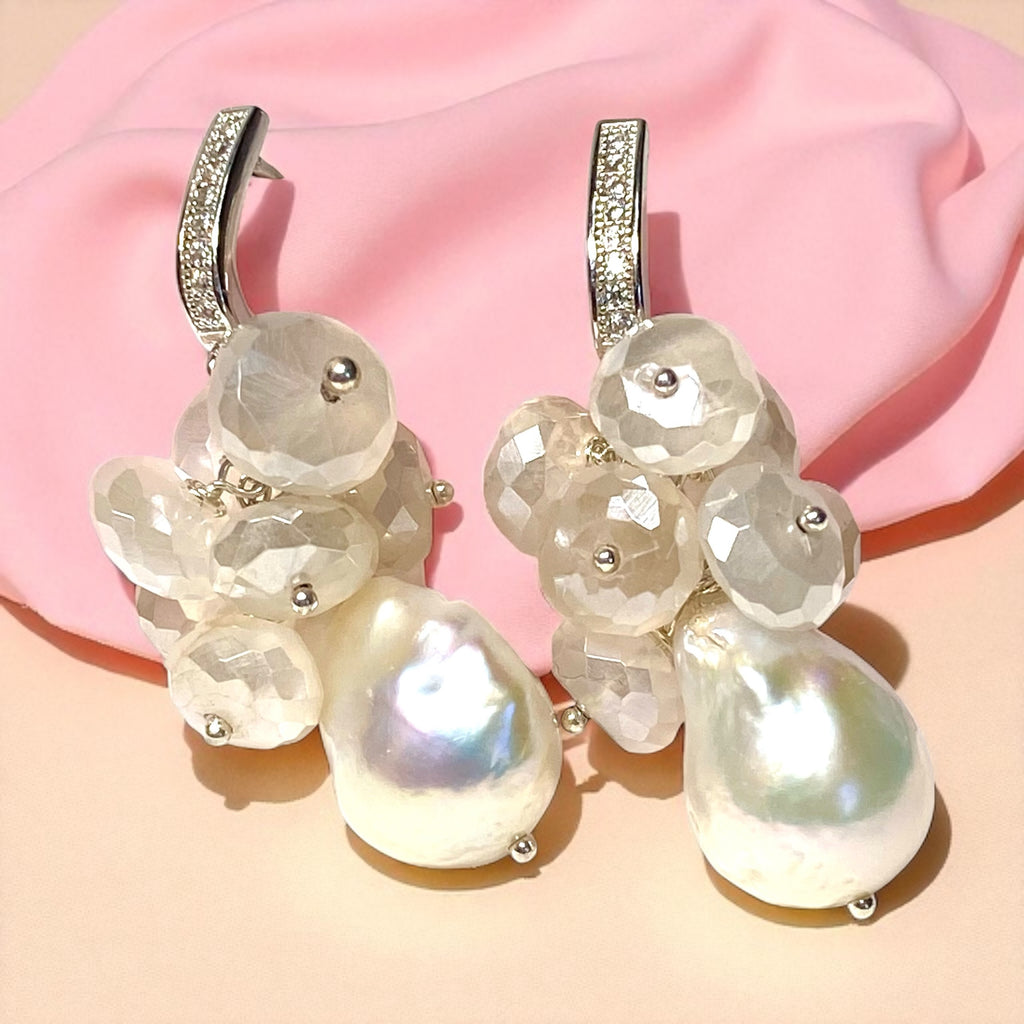 Baroque Pearl and Mystic Moonstone Sterling Silver Bridal Gemstone Cluster Earrings