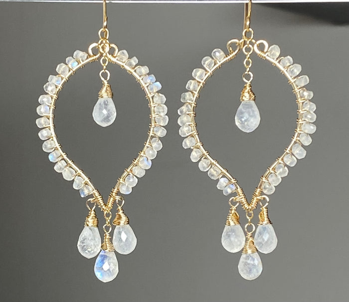 Rainbow Moonstone Statement Chandelier Earrings in 14 kt Gold Fill