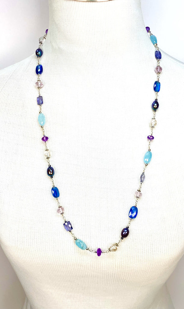 Blue Purple Gemstone and Peacock Pearl Long Necklace Sterling Silver Wire Wrap