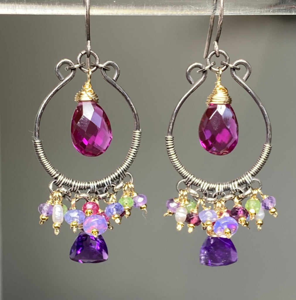 Blue Violet Gemstones Oxidized Silver Hoop Chandelier Earrings
