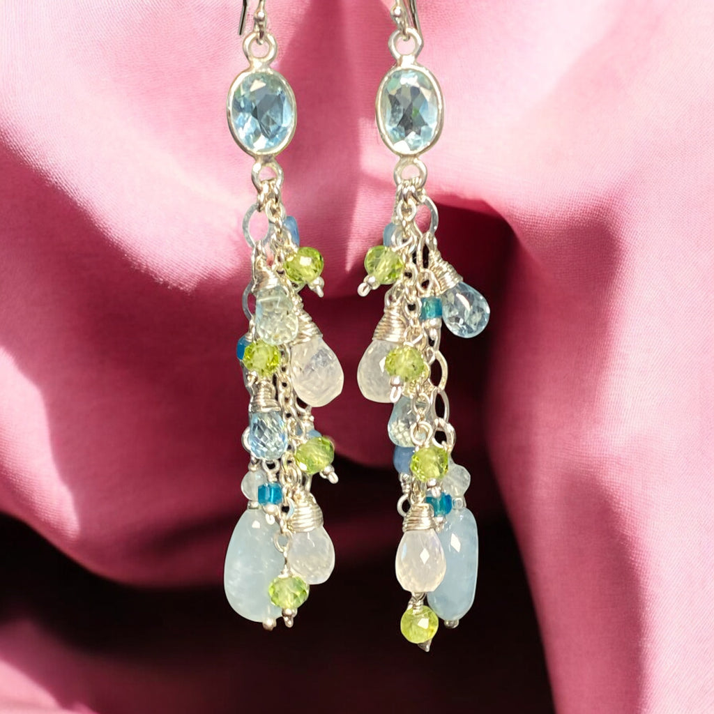 Blue Topaz, Peridot, Aquamarine Long Gem Dangle Earrings Sterling Silver