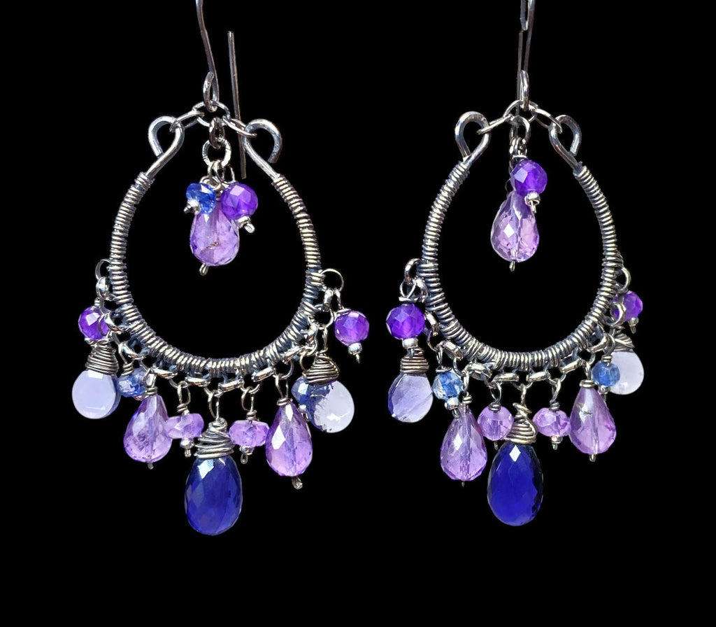 Blue Violet Oxidized Silver Hoop Chandelier Earrings Iolite, Lavender, Purple Amethyst